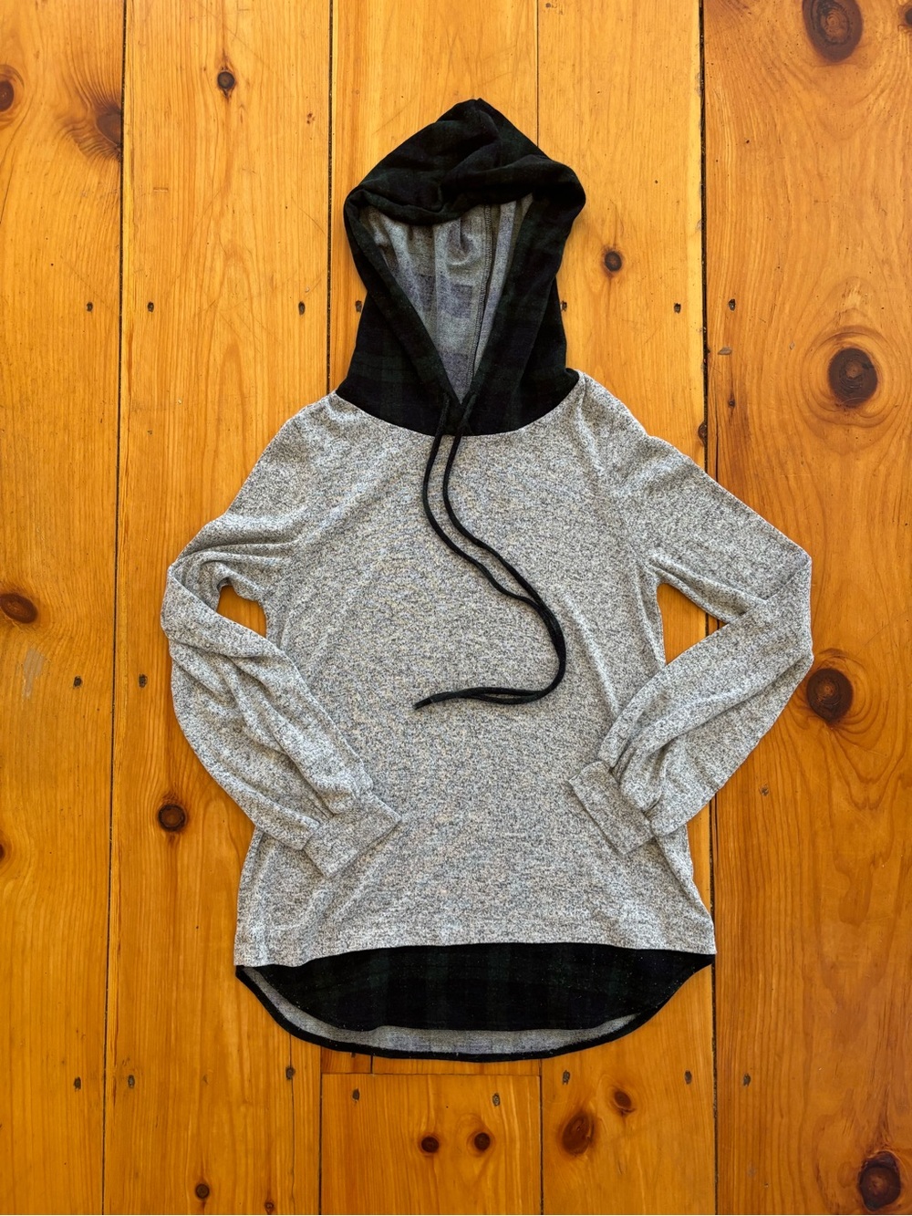 White Birch Gray Hoodie Small Plaid Hood Detail